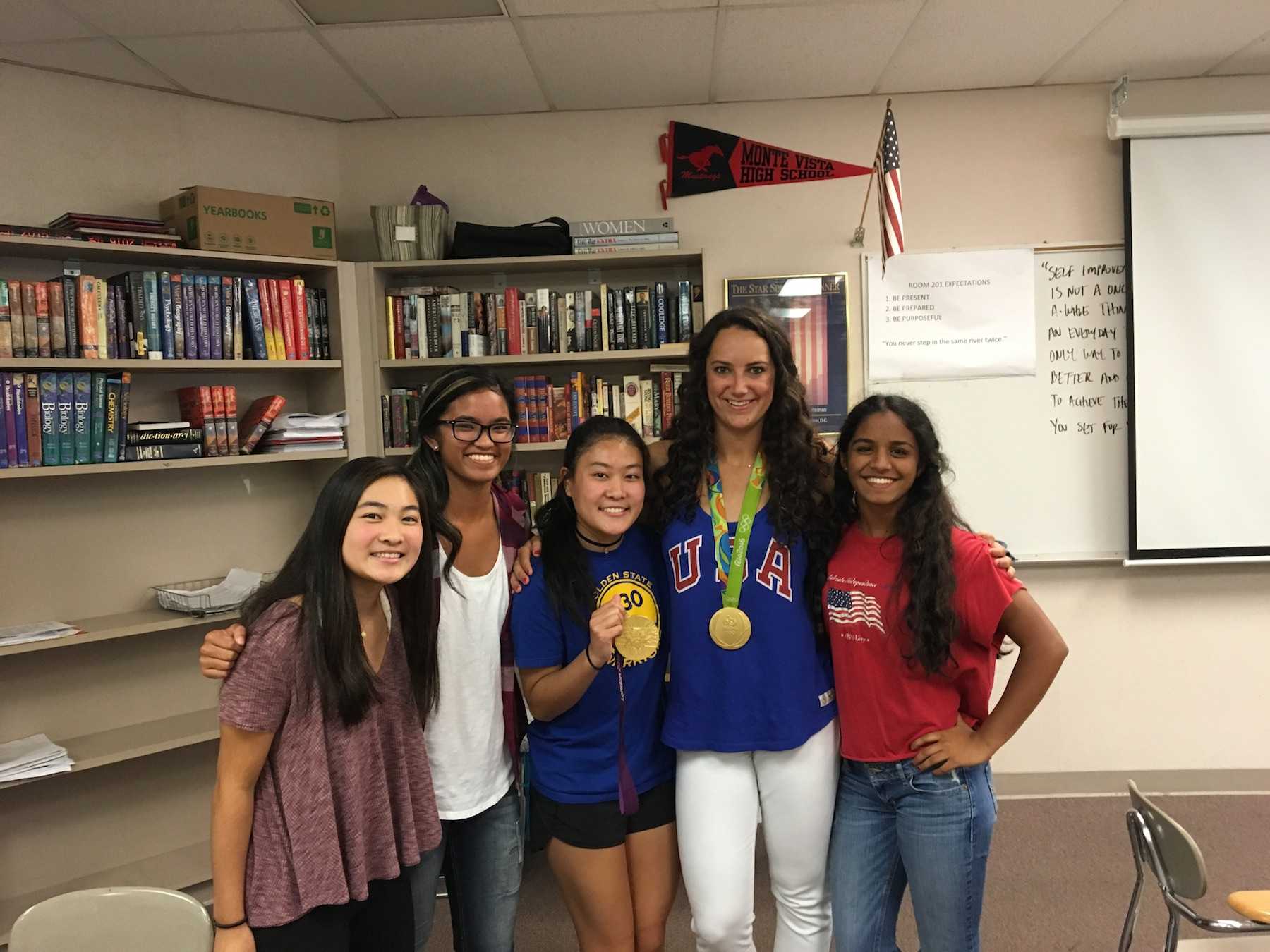 Maggie Steffens poses with Megan Okazaki, Katrina Flores, Taylor Okazaki, and Isha Satoor after school in Mr. Powers' room.
(Courtesy of Megan Okazaki)