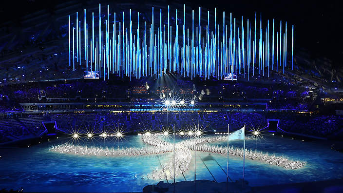 One of the final moments of the Sochi closing ceremony. This intricate performance combined emerging Russian technology with old world customs
in a spectacular, aesthetically pleasing show.