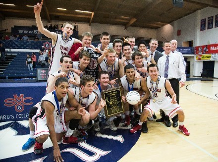 The Men's Varsity Basketball Team celebrating their NCS win. The team has since gone on to take the NorCal title and will be playing the State Championship game this Friday, 3/28 in Sacramento. 