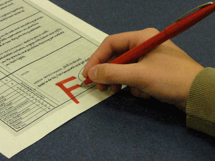 We don't get F's just for failing any more. Some teachers leave F's in the place of missed tests, even if the test can't be made up for a long time.