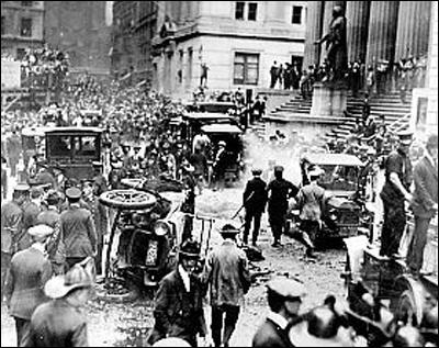 A picture taken just after the infamous 1920 Wall Street Bombing. The scale of the damage is visible with debris everywhere.