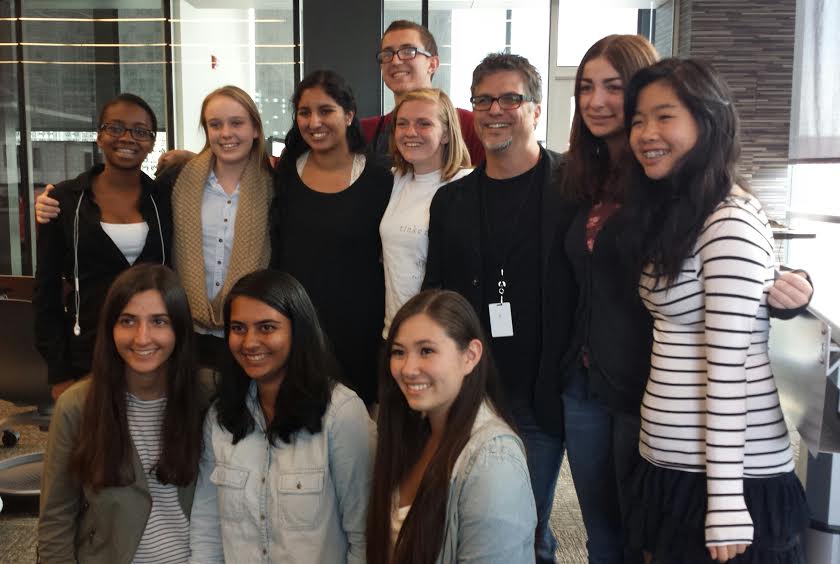 Bestselling author Garth Stein stands with students after speaking about his life as a writer. Stein visited Monte Vista October 22. 