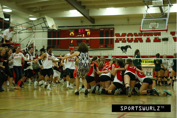 
Monte Vista Womens Varsity Volleyball team celebrates their NCS win in the finals against San Ramon.  The win was the first time ever in Monte Vista history that Womens Volleyball took first in NCS and moved on to state.