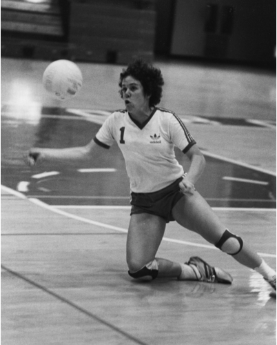 Sophomore year at Stanford Jenyth (JJ) Utchen is playing Middle in the back row.  Her ankle was protected by countless amounts of tape each time she stepped on the court.  Even after she hurt her ankle the year before, Utchen continued to play.