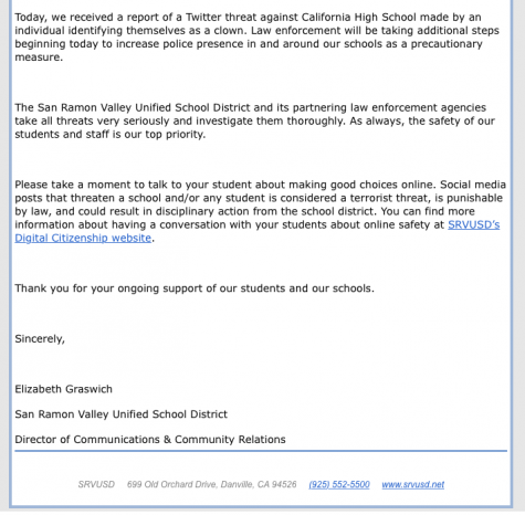 In this email, the SRVUSD talks about the viral clown hoax and the actions the district is taking in regards of the clown threat at California High School. (Courtesy of Robin Hyun)