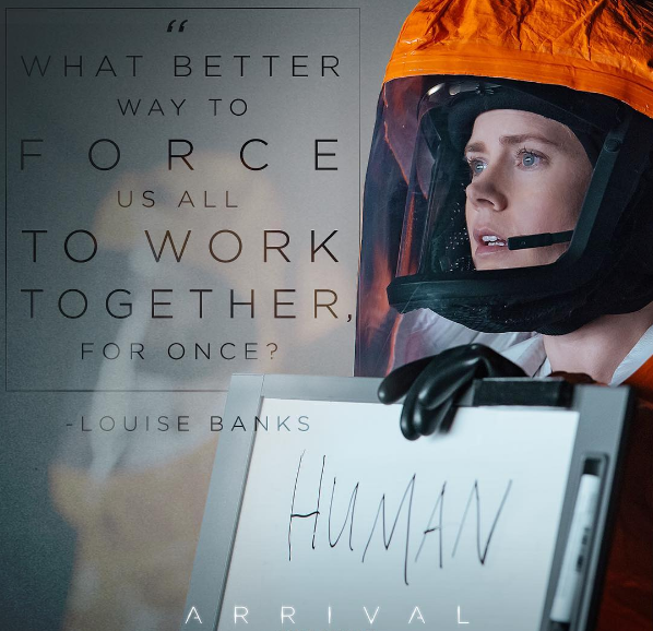 Louise, played by Amy Adams, holds up a sign reading human to the heptapods. This film, The Arrival, was released in theaters on November 11th. (Courtesy of Arrival Instagram)