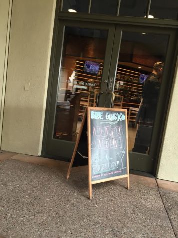 Entrance at Blue Gingko, a Japanese restaurant in the Blackhawk Plaza, with a chalkboard boasting the daily specials.