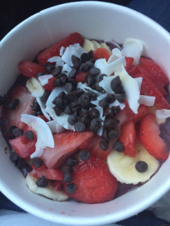The Dessert Bowl from Vitality Bowls, containing acai, strawberries, bananas, chocolate chips, and coconut shavings. (Courtesy of Heather No)