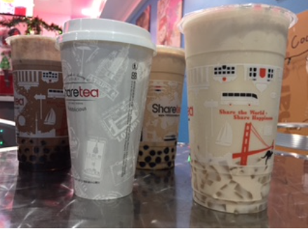 From left to right: Cocoa Creama, Oolong pearl milk tea, Black pearl milk tea (in back), and Green pearl milk tea.  (Courtesy of Taylor Ziegenfus)