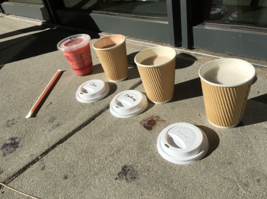 Several students are unaware that the Student Center sells a variety of hot drinks: (from right to left) vanilla swirl, caramel swirl, and hot chocolate.