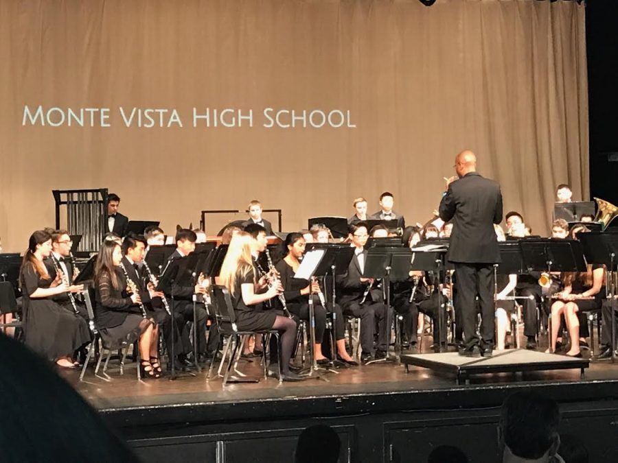 Monte Vistas Wind Ensemble and Drumline play at the Area Band Festival. Instrumental teacher Ed Cloyd conducted members as elementary and middle schoolers joined them. (Courtesy of Ayra Moin)