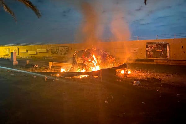 The remains of a vehicle hit by missiles outside the Baghdad airport. The commander of Iran’s powerful Revolutionary Guards Corps, Maj. Gen. Qassim Suleimani, was killed. (NYT)