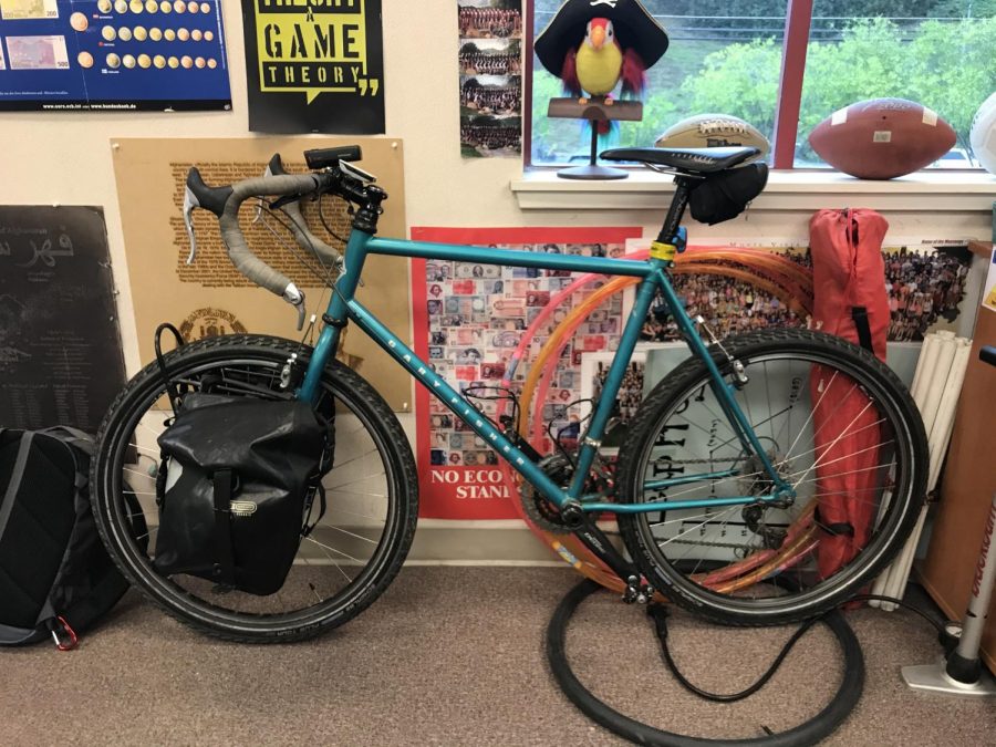 Blandinos Tank silently sits next to his desk during the school day for his students to admire. He bikes at least three time a week to school and it quite clear that has a passion for the activity.
