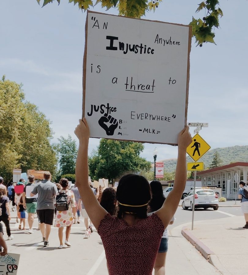 Donya Atashie is at one of the Danville protests holding a sign. She was marching to fight against the injustice of police brutality against black communities.