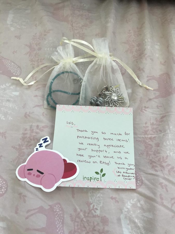 Beading Cancer's packaging includes the purchased jewelry, a sticker, and a thank you note that informs the customer of the impact their purchase has made.