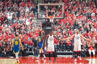 The scene of the last NBA Finals, Toronto Raptors vs Golden State Warriors, with fans in attendance in 2019. This would be the last playoff series with fans to date still.