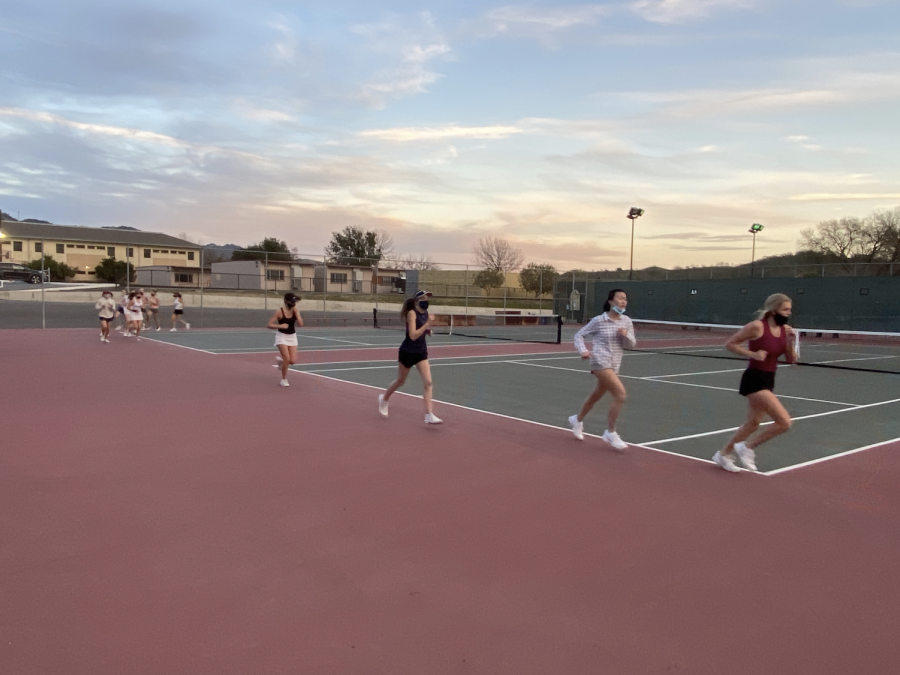 On+the+second+day+of+Monte+Vista+tryouts%2C+the+group+of+girls+are+jogging.+The+girls+had+already+completed+multiple+games+and+conditioning.+%0A