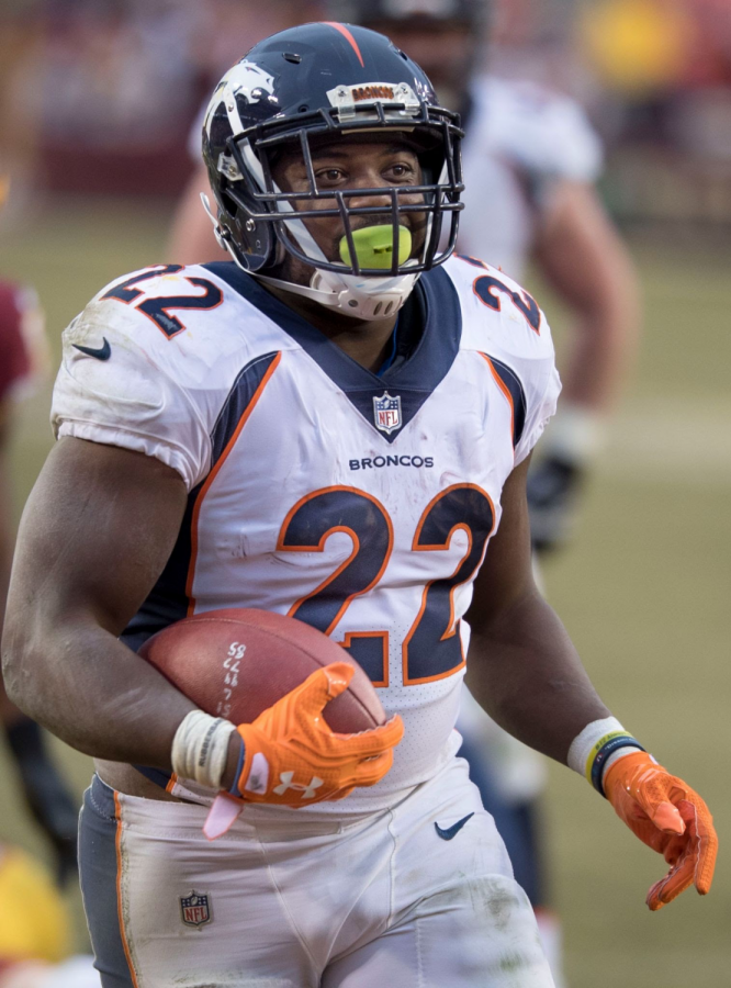 CJ Anderson running against the Washington Redskins (now Washington Football Team) in December 2017. Anderson would run for eighty-eight yards and one touchdown in a 27-11 loss. 