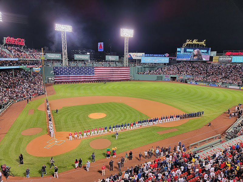 The+Yankees+and+Red+Sox+lineup+for+the+National+Anthem+before+the+American+League+Wild+Card+game.+The+Red+Sox+would+later+win+6-2+to+advance+to+the+division+series.