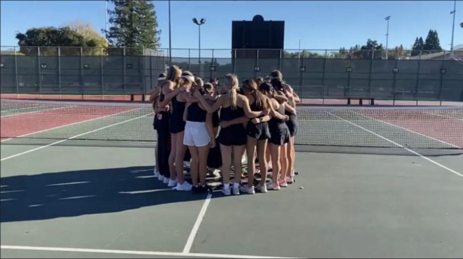 The Monte Vista women’s tennis team is playing at home against California High School. Before they played, the team cheered to get pumped up for the game.
