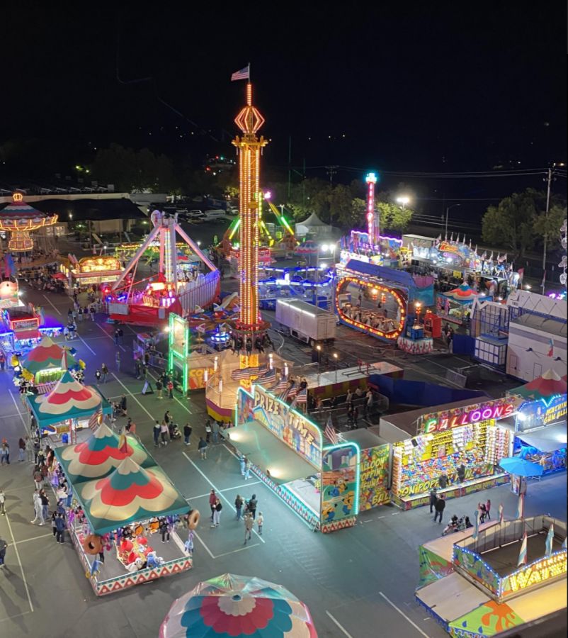The view from the top of the Ferris Wheel shows the entire, illuminated fair. The crowd was bustling with excitement from the plentiful food and fun games.
