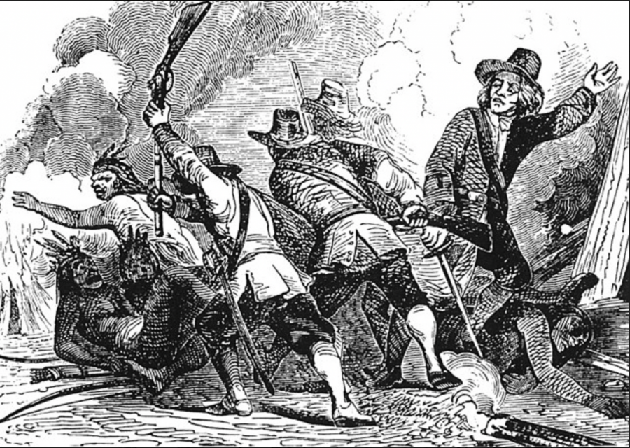 The Native Americans are looking at their killers in horror. In the Pequot massacre, those who came out of their homes were beaten to death while their houses and families burnt inside.