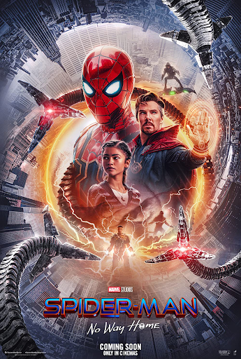The commercial release poster for Spider-Man: No Way Home. This version of the poster shows the titular webslinger, as well as four of the enemies he faced in the movie.