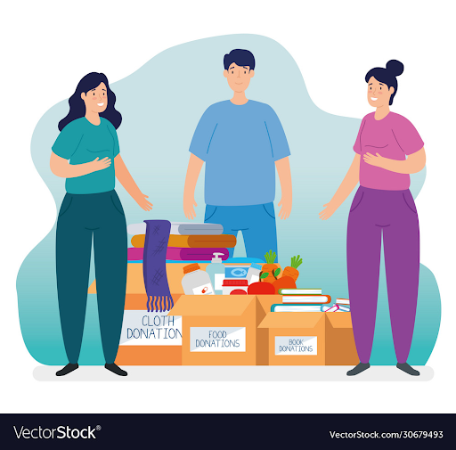 Students are depicted with boxes of donation materials for their non-profit organizations. Starting a non-profit organization is marketed as a “silver bullet” towards college admission, but the consequences of doing so solely for college acceptance can be dire. 