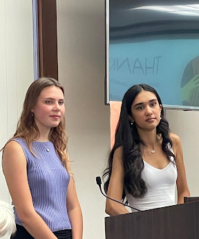 Monte Vista seniors, Caitlin O’Melia and Sabina Dhindsa, speaking at the San Ramon Valley Unified School District (SRVUSD) Parent-Teacher Association (PTA) meeting. They talked about incorporating more diverse books in elementary school classes. 