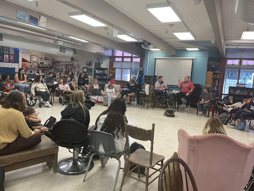Monte Vista High School drama teacher, Christopher Connor, is lecturing his stage productions class. Class sizes for him and other art teachers have decreased. 
