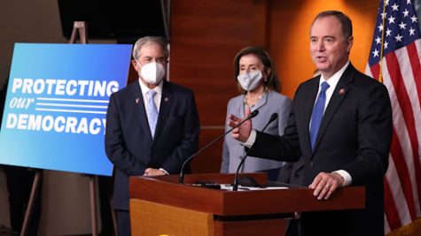 Rep. Adam Schiff, 62, speaks alongside Speaker of the House Nancy Pelosi and Rep. John Yarmuth of Kentucky during a news conference at the U.S. Capitol on September 21, 2021. Nearly 44 years earlier, he delivered speeches as a competitor during speech and debate tournaments.