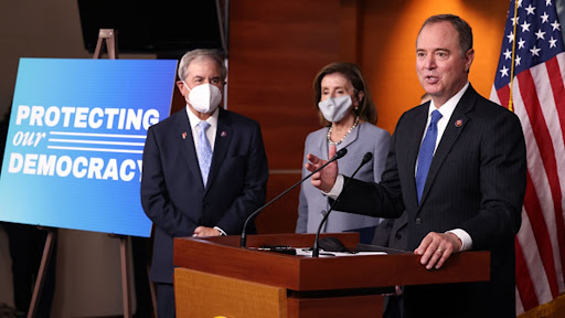 Rep. Adam Schiff, 62, speaks alongside Speaker of the House Nancy Pelosi and Rep. John Yarmuth of Kentucky during a news conference at the U.S. Capitol on September 21, 2021. Nearly 44 years earlier, he delivered speeches as a competitor during speech and debate tournaments.