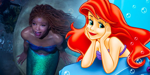 The Little Mermaid which came out in 1989 (right) compared to the new live-action version of The Little Mermaid coming out in 2023. In the new live-action movie, Ariel is played by African-American actress Halle Bailey.