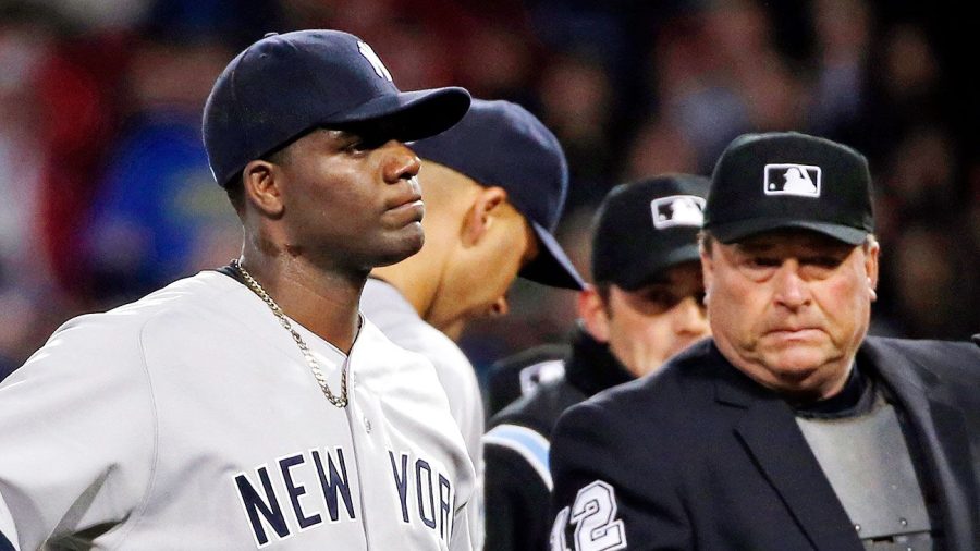 Yankees+pitcher+Michael+Pineda+ejected+from+the+game+after+umpires+discover+pine+tar+on+his+neck.+Statistics+suggest+a+correlation+between+substance+use+and+batter+safety.