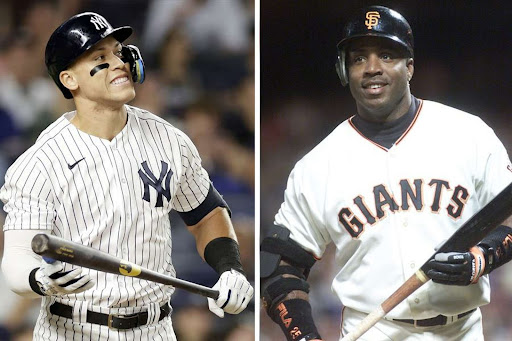 Aaron Judge (left) is up to bat during the 2022 season. Barry Bonds (right) became the record holder for most home runs in a season (73) in 2001. 