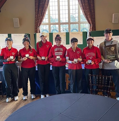 Monte Vista Women’s Golf Team poses with their awards after winning CIF. They had an amazing season, with a record of 18-0, and continued on to win state.