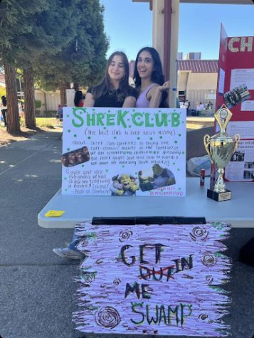 Co-Presidents Jaiden Wire and Sabina Dhindsa are seen promoting the Shrek Club at the Club Fair. The pair were excited to encourage students to join the club for a fun break from school.