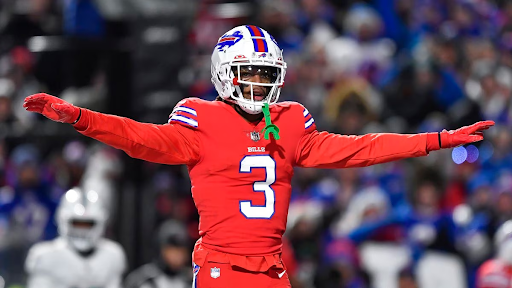 Damar Hamlin celebrates after a defensive stop against the Miami Dolphins. Hamlin still has a long way to go before he could be cleared to play football again.