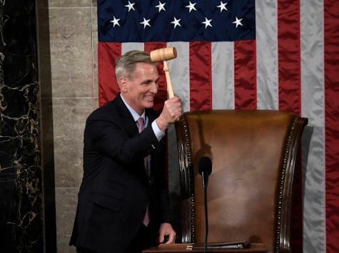 House Speaker Kevin McCarthy bangs his gavel for the first time after being elected. The photo was taken shortly after midnight after a grueling 15 ballot long election. 