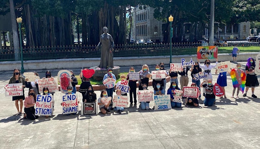 Students in Hawaii protest in favor of a bill that would provide access to period products. This bill would offer products free of charge to students in all public schools.