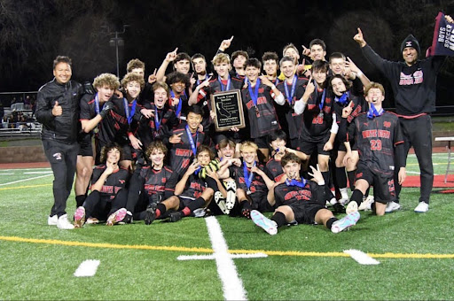 MV men’s soccer team celebrating their North Coast Section title at the MV field. They beat Vintage High School located in Napa, California by a score of 1-0 on February 24, 2023.