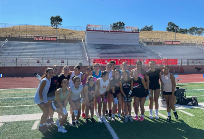 The 2023-2024 Monte Vista Women’s Flag Football team posing for a team photo. The girls are a part of the inaugural team here at Monte Vista.        
