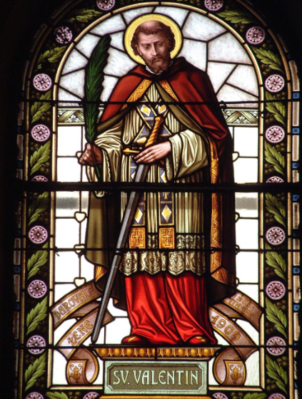 A stained glass window of St. Valentine. Well, one of the many St. Valentines.