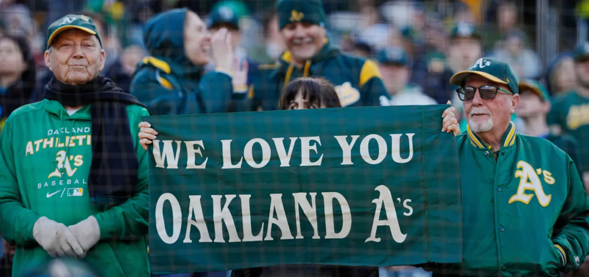 Oakland+As+fans+sporting+a+We+Love+you+OAKLAND+As+banner+at+a+game+in+the+Oakland+Coliseum.+The+As+will+be+playing+their+final+season+in+the+stadium+and+in+Oakland+before+they+head+to+Las+Vegas+in+the+near+future.