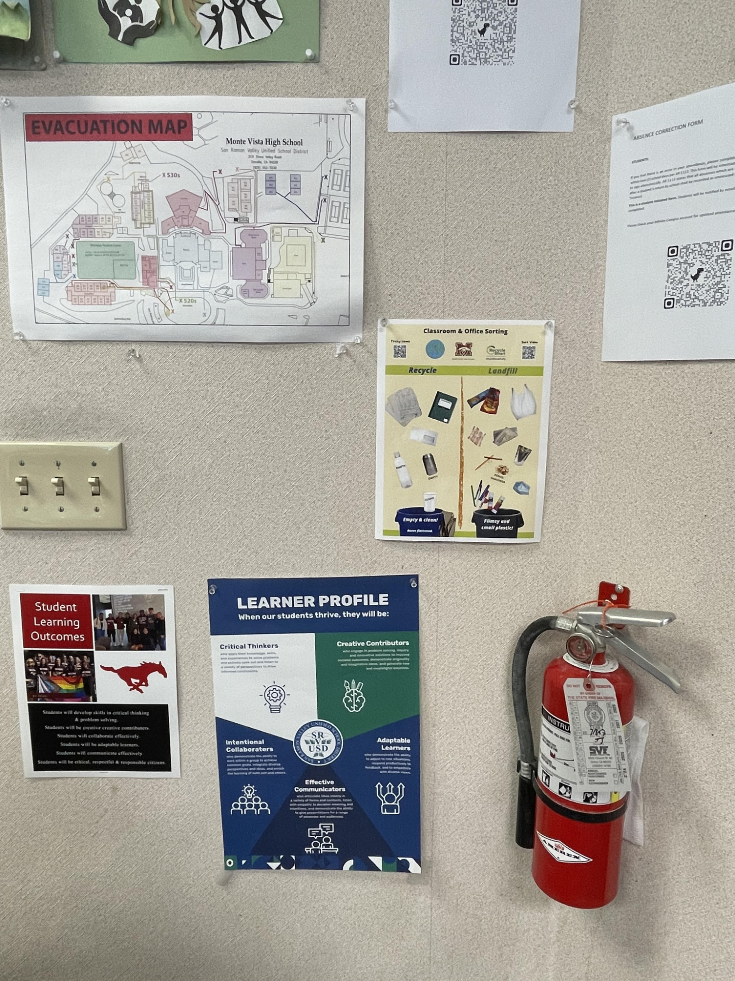 School information posted on a classroom wall. An evacuation map and fire extinguisher were among them.