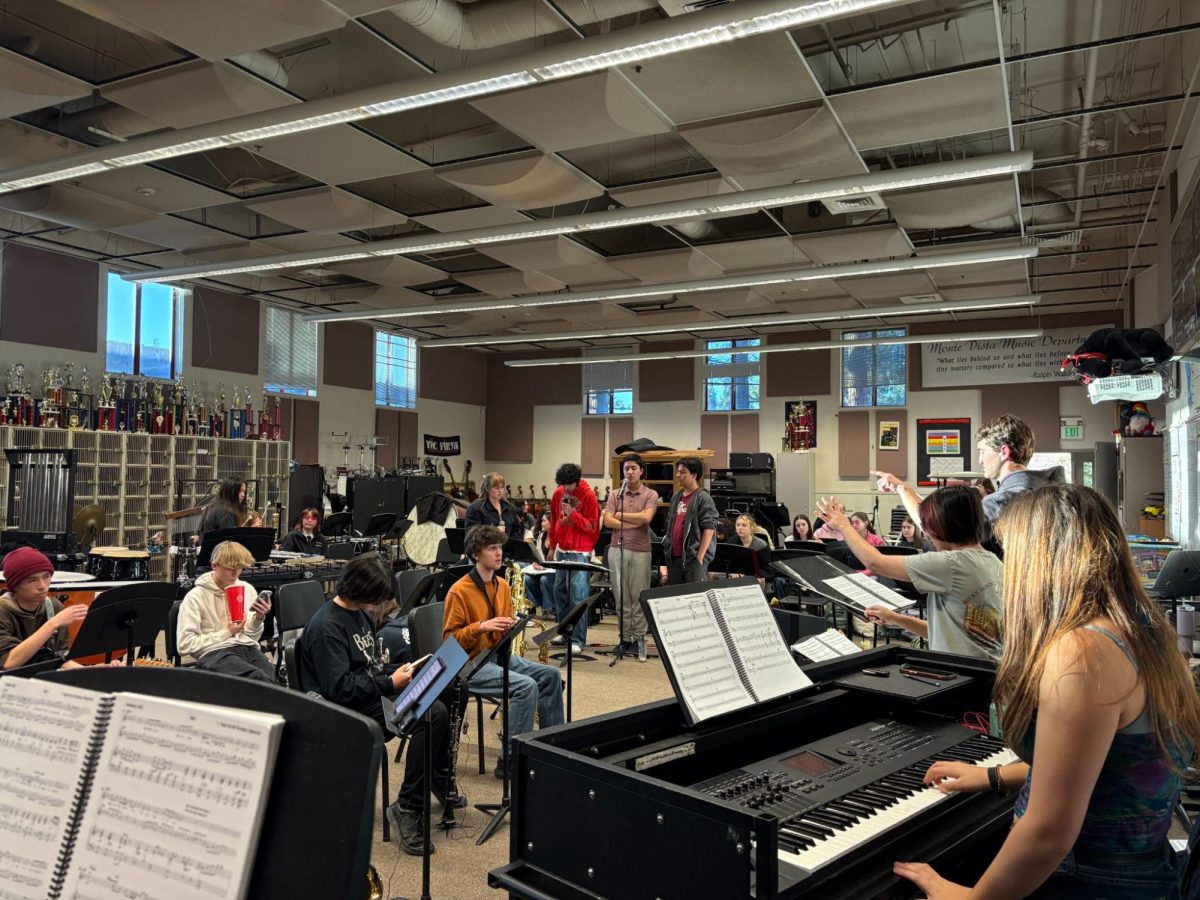 Pit rehearsing at Mamma Mia!’s Sitzprobe rehearsal. Sitzprobe is the first full rehearsal with all singers and music played together.
Courtesy of: Ethan Karatov 
