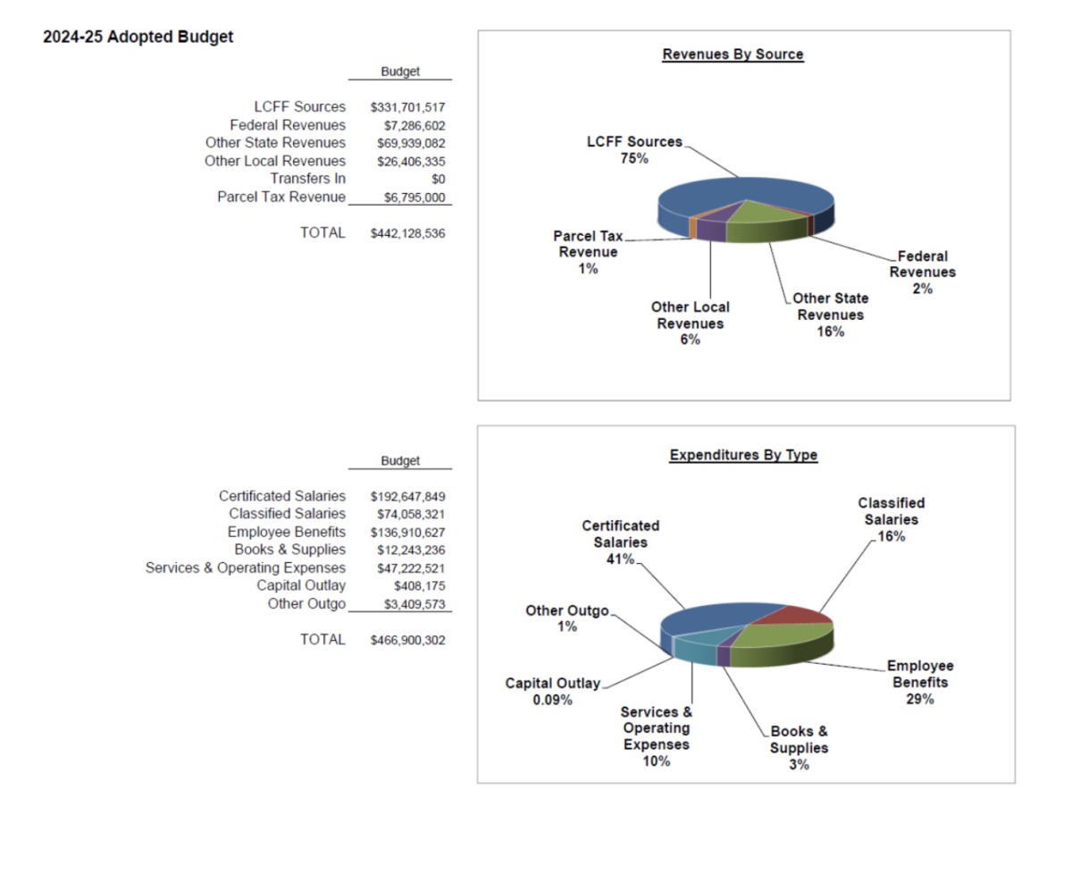 The San Ramon Valley Unified School District’s 2024 - 2025 adopted budget. The charts showed revenues by source and expenditures by type, totalling under $500,000. Courtesy of San Ramon Valley Unified School District's Budget and Fiscal Services.